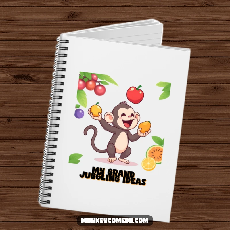 Funny notebook cover with a monkey juggling colorful fruits, designed for jotting down notes and ideas with flair.