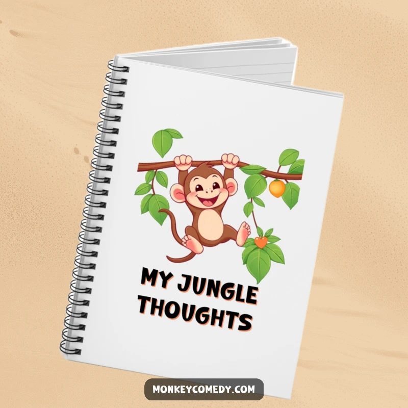 Funny Monkey Notebook with a grinning monkey swinging from a vine, ideal for jotting notes with jungle-themed humor.