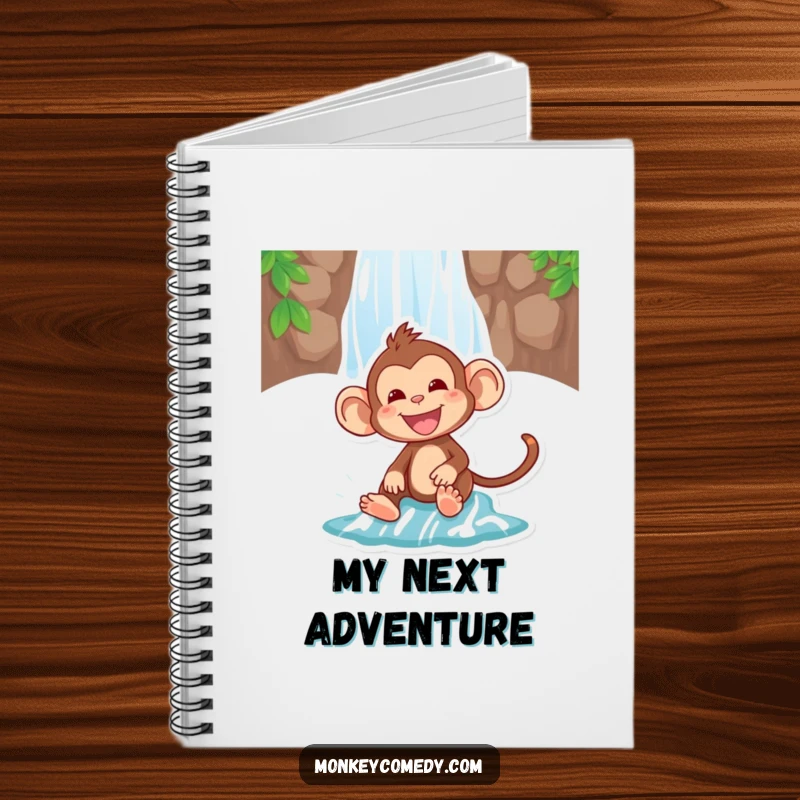 Funny notebook cover with a monkey gleefully sliding down a waterfall, perfect for jotting down thoughts and adventures.