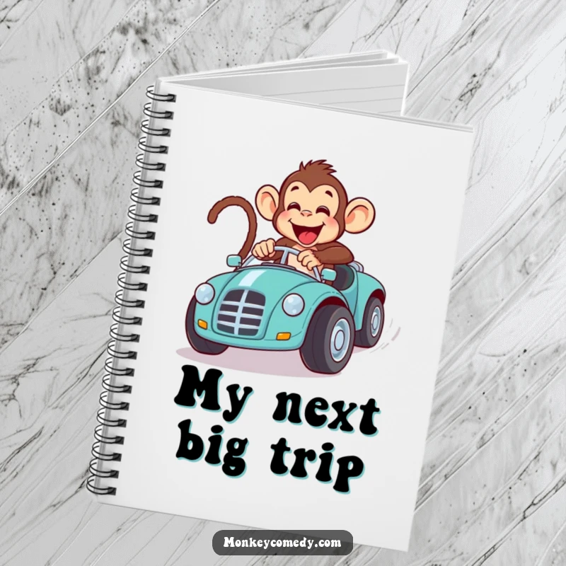 Funny monkey toy car race notebook, featuring a primate in a comical race, designed for jotting down fast ideas and plans.