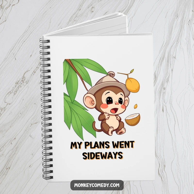 Funny surprised monkey notebook featuring a monkey in a hat looking shocked by a falling coconut, ideal for jotting down surprising thoughts.