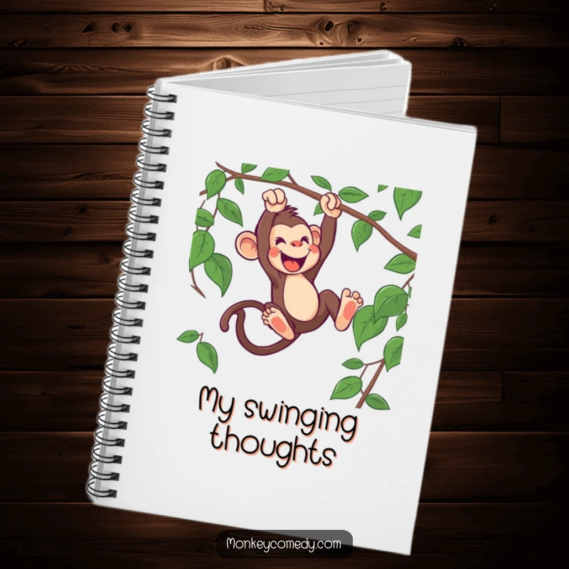 Funny monkey notebook design showing an enthusiastic monkey swinging from a vine, perfect for capturing adventurous thoughts and ideas.