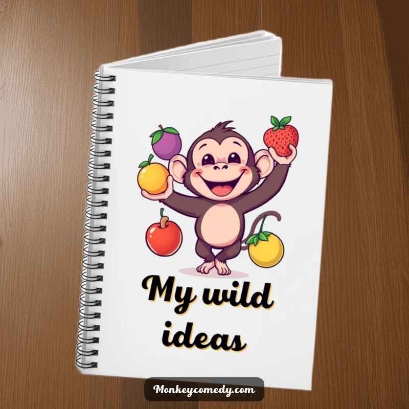 Funny monkey juggling fruits, writing in a notebook, perfect for ideas and gifts.