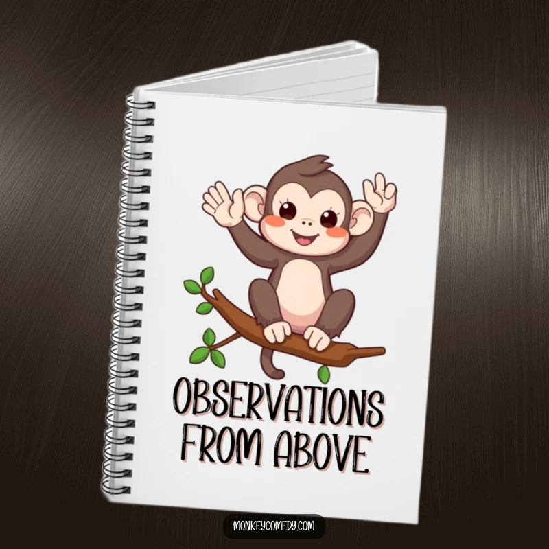 Funny notebook cover with a monkey on a branch waving playfully, designed for notes and friendly messages.