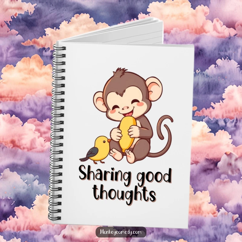 Funny monkey sharing a banana with a small bird, happy scene, notebook cover, great funny gift.