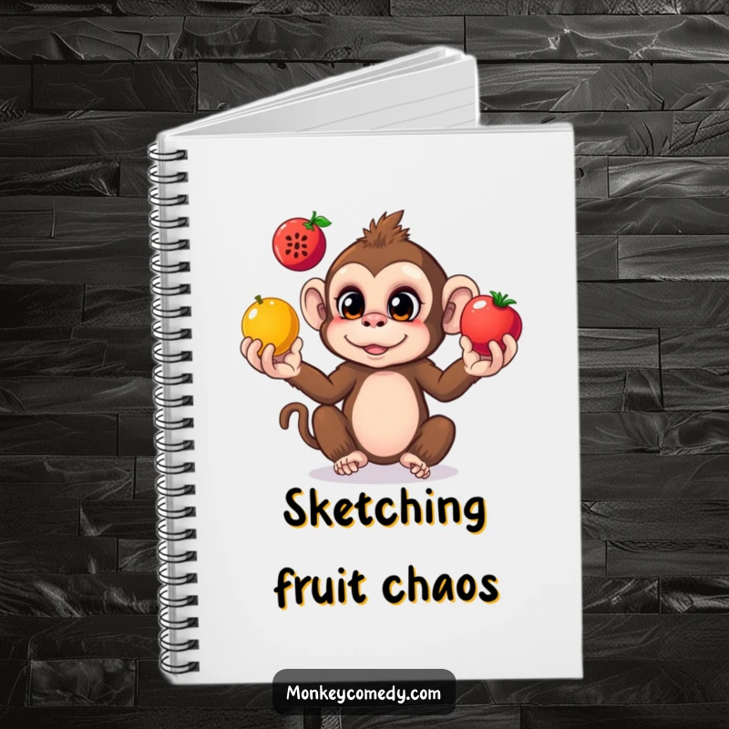 Funny monkey notebook cover with a curious monkey juggling colorful fruits, ready to capture your notes.