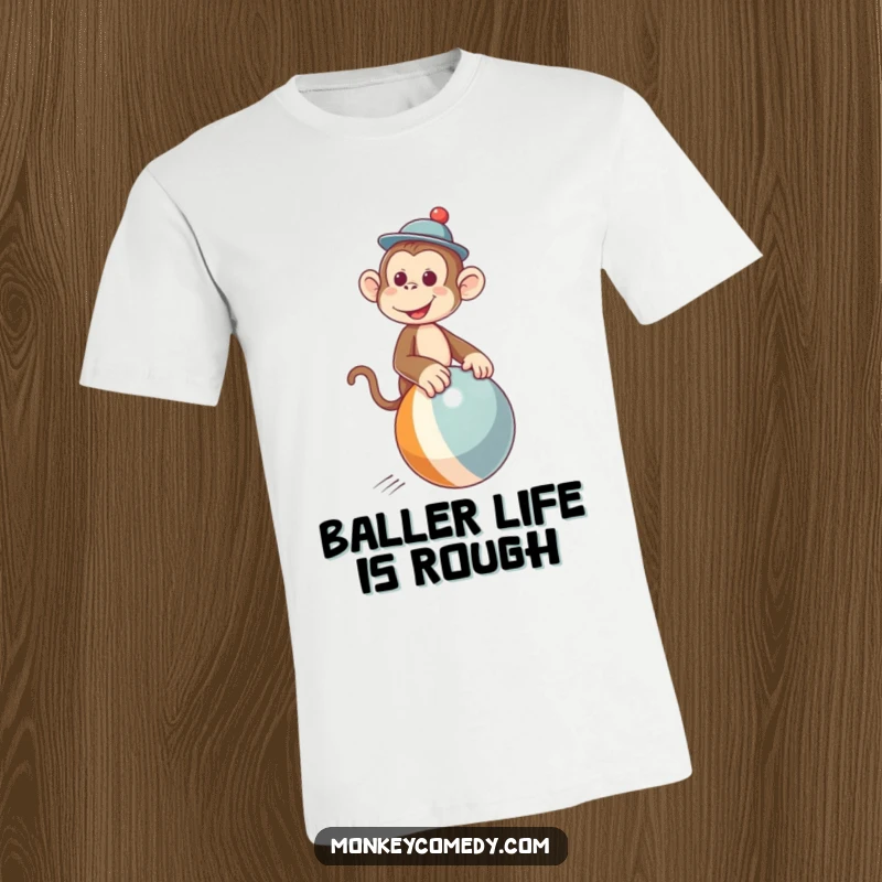 Funny t-shirt with a whimsical monkey wearing a small hat while skillfully riding a bouncing ball, radiating fun.