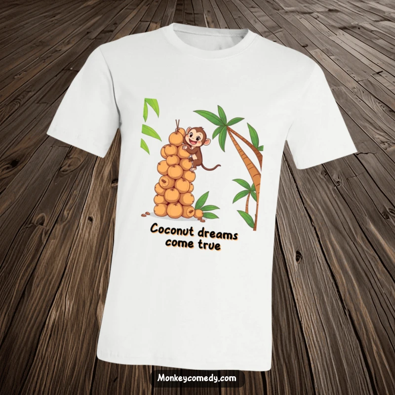 Funny t-shirt showing an enthusiastic monkey scaling a huge pile of coconuts, representing determination and fun.