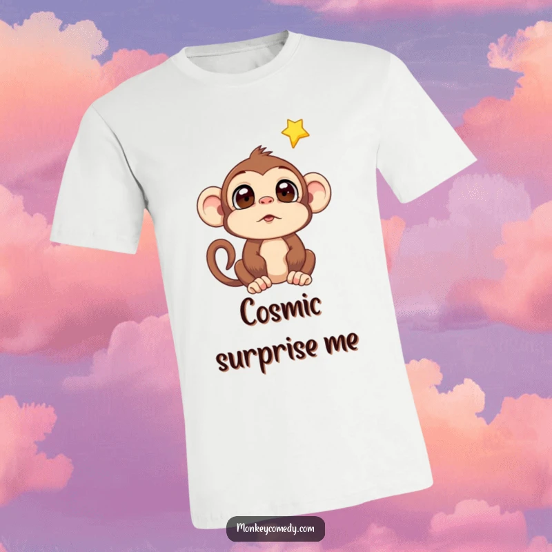 Funny Monkey Falling Star T-Shirt: Surprised monkey gazes skyward at a brilliant falling star, symbolizing hope, dreams, and cosmic enchantment.