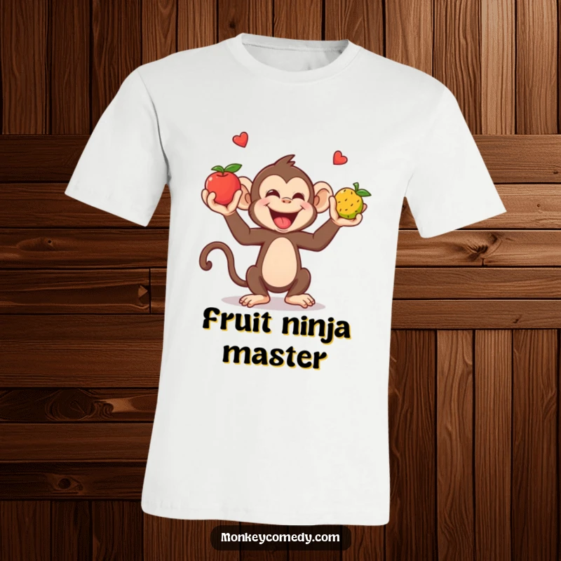 Funny T-Shirt: A giggling monkey expertly juggles colorful fruits with its hands and feet, looking delighted.