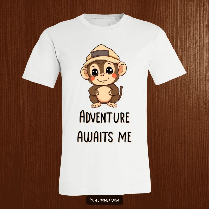 Funny Kawaii Monkey Explorer T-Shirt: A kawaii monkey dons an explorer hat, peering around with wide-eyed curiosity and a hint of mischief.