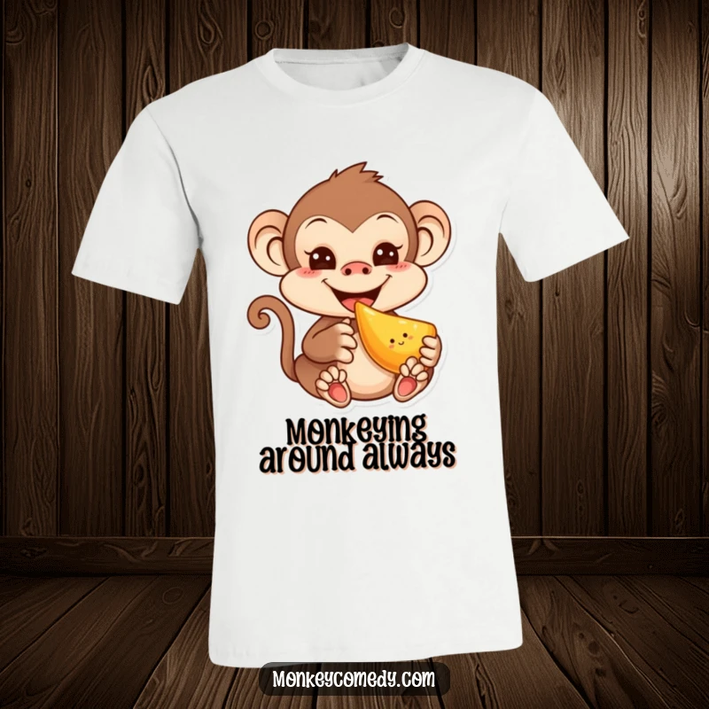 Funny cotton t-shirt showcasing a cute kawaii monkey with a mischievous grin enjoying a juicy piece of fruit.