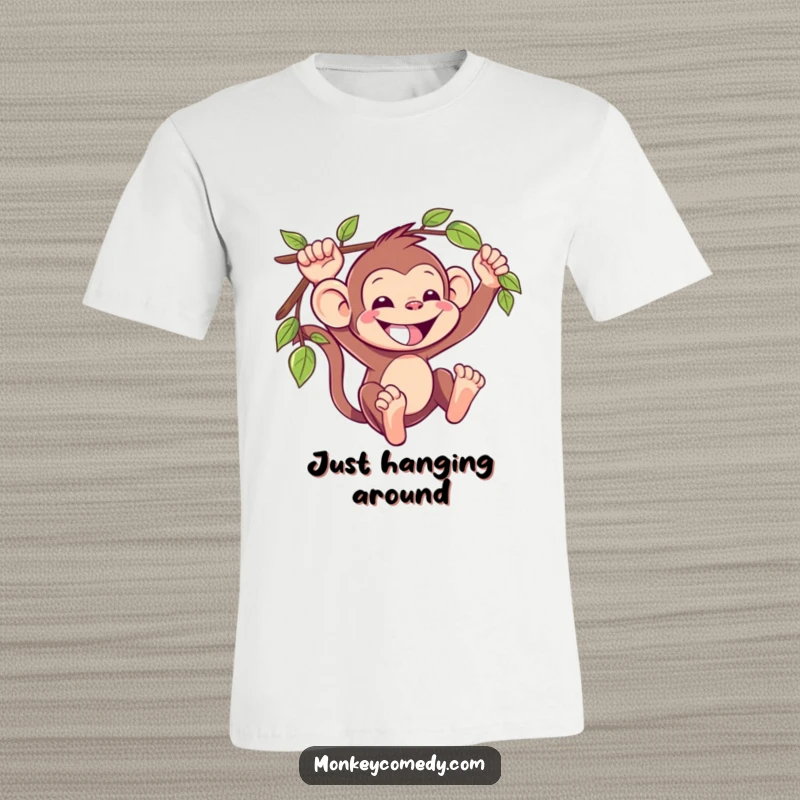 Funny Kawaii Monkey T-Shirt: A joyful, grinning monkey swings gleefully on a vine, showcasing a fun-loving and adventurous spirit.