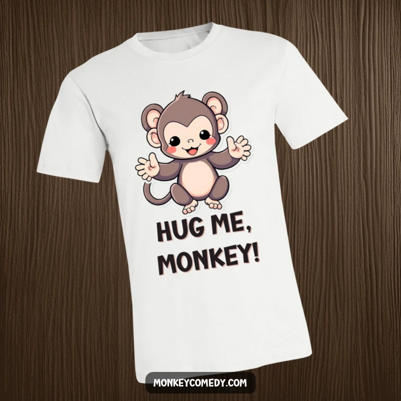 Funny Kawaii monkey with arms spread wide, inviting a hug, printed on a soft cotton t-shirt, cartoon.