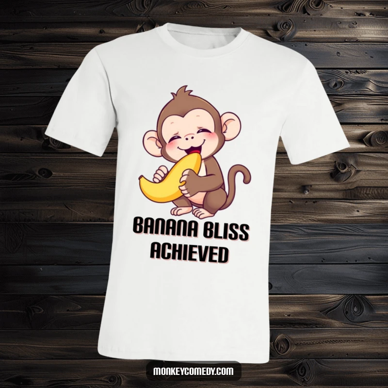 Funny monkey blissfully eating a banana with eyes shut tight, a hilarious tee for a funny gift.