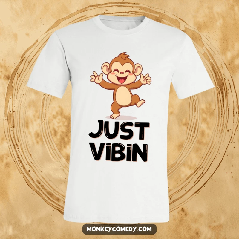 Funny t-shirt showcasing a monkey performing an ecstatic, flailing-arm dance, capturing a moment of pure, uninhibited jungle celebration.