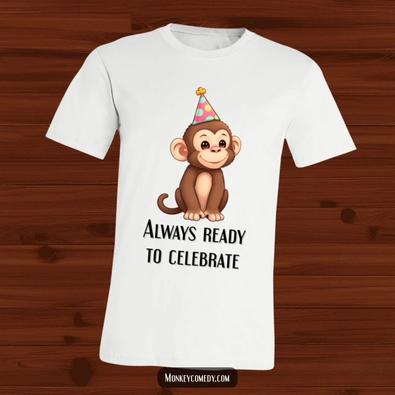 Funny Monkey T-Shirt showcasing a happy monkey sporting a tiny, festive party hat, exuding pure celebratory joy and mischief.