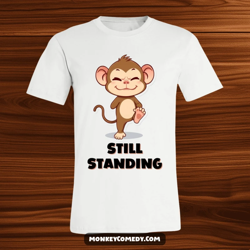 Funny Monkey T-Shirt: a primate with a strained grimace, balancing precariously on one leg, symbolizing effort.