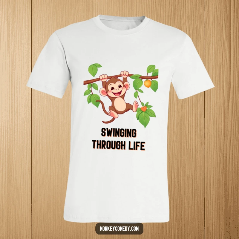 Funny Monkey T-Shirt with a grinning monkey swinging from a vine, perfect for jungle enthusiasts and humor lovers.
