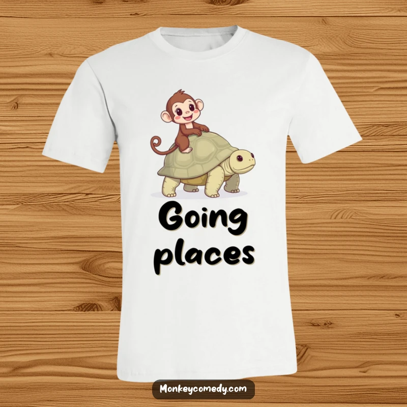 Funny t-shirt showing a monkey joyfully riding a gentle tortoise, symbolizing a happy, unhurried adventure and perfect partnership.