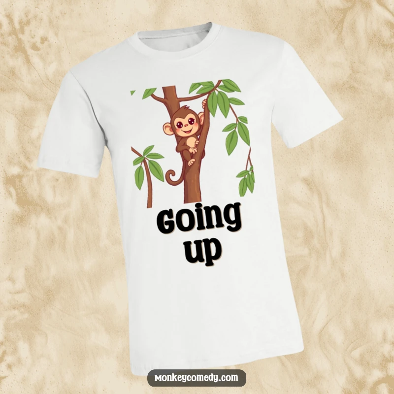 Funny Monkey T-Shirt: a primate with a determined look, climbing a thin, tall tree, inspiring effort.