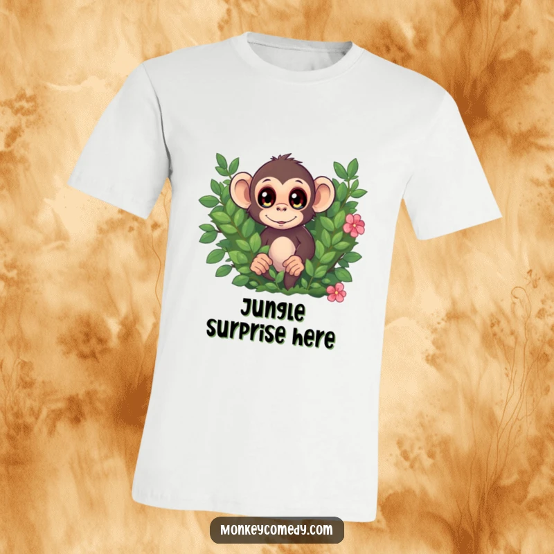 Funny t-shirt depicting a monkey with wide, startled eyes peeking out from behind a bush, embodying jungle humor.