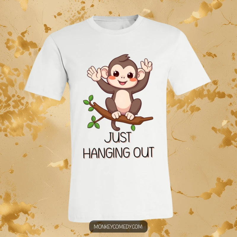 Funny t-shirt showing a friendly monkey sitting on a branch, waving playfully with a welcoming gesture.