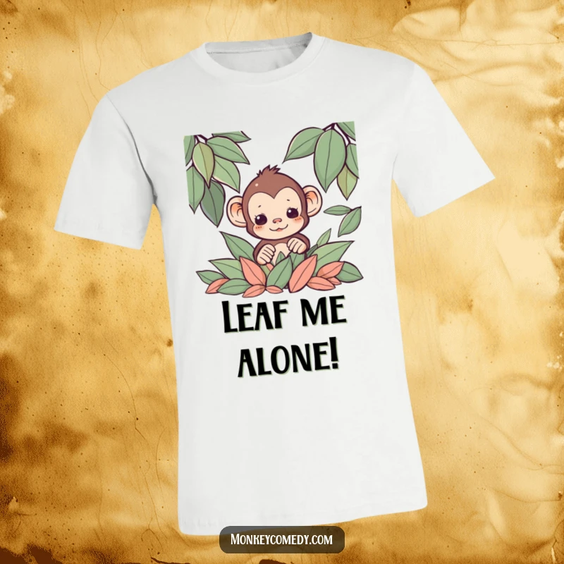 Funny Kawaii monkey peeking mischievously from a pile of colorful leaves on a t-shirt, cartoon.