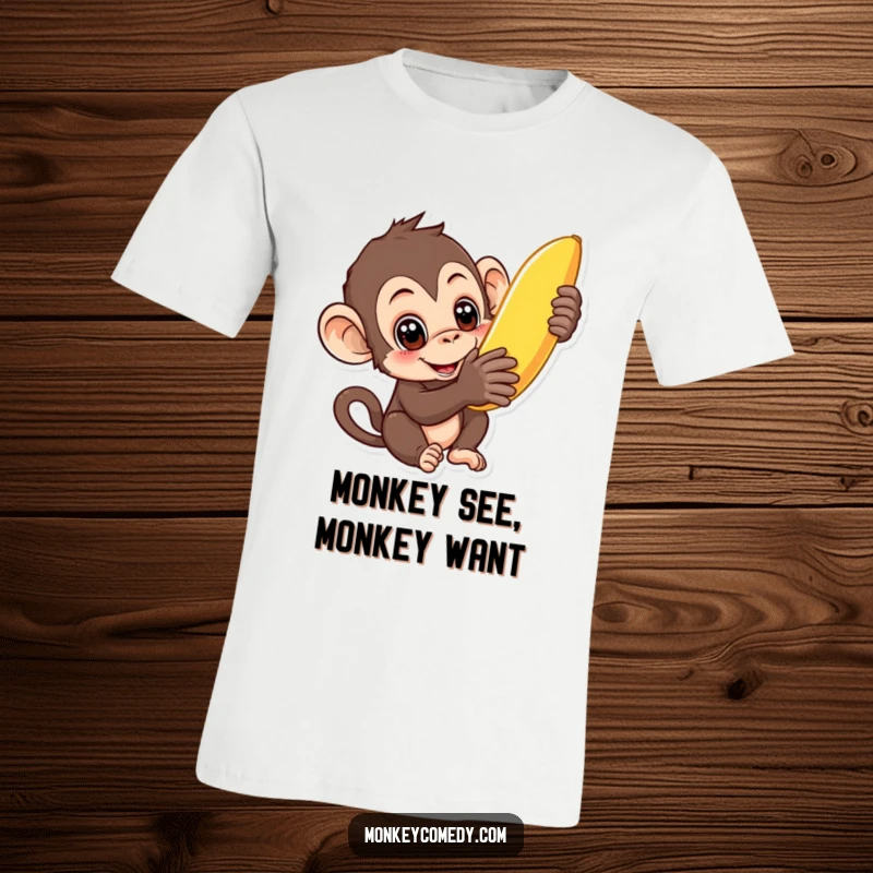 Funny curious monkey t-shirt depicting a monkey with wide eyes reaching for a ripe banana, expressing longing and humor.