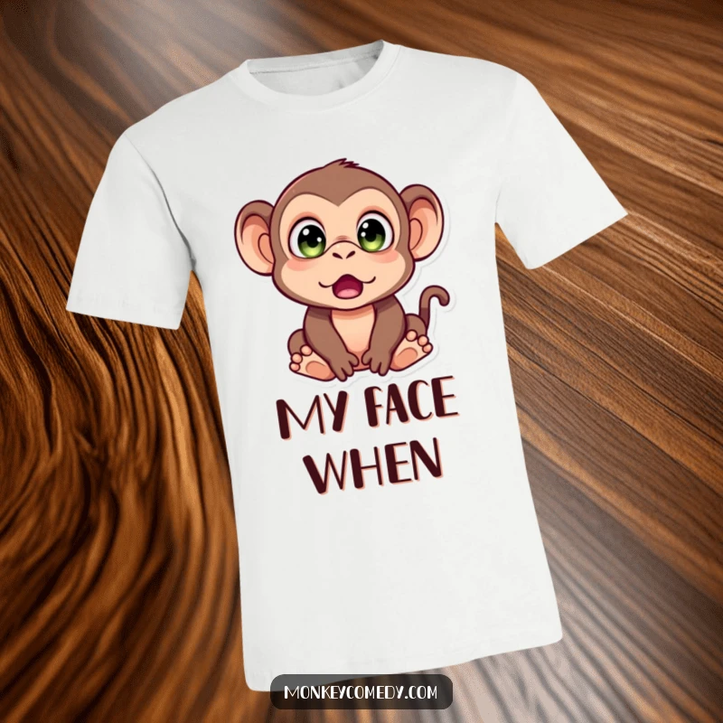 Funny Monkey T-Shirt depicting a monkey with huge, surprised eyes, capturing a moment of pure, comical astonishment and disbelief.
