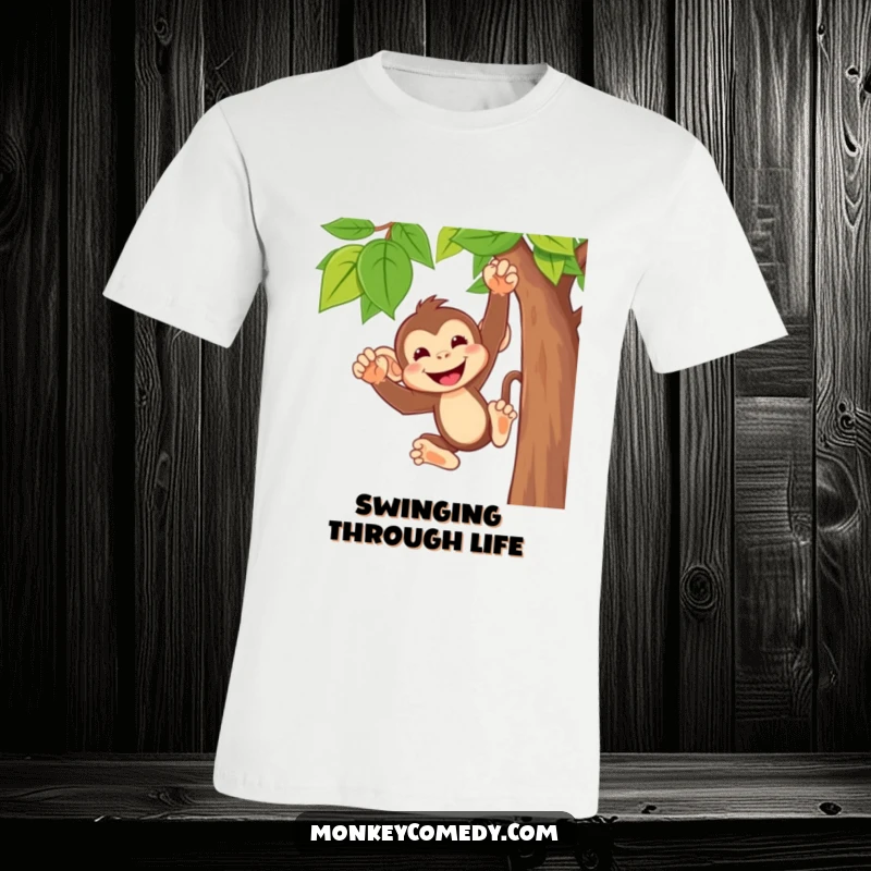 Funny monkey t-shirt showing a cute character with a wide, cheeky grin, enthusiastically swinging from a vine, capturing playful energy.