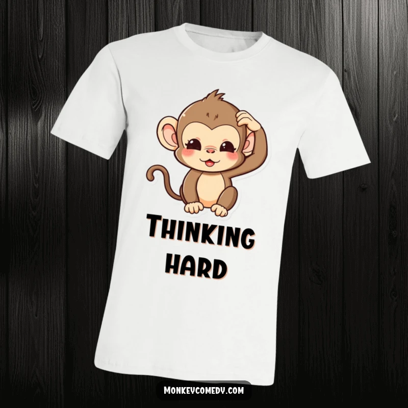 Funny Kawaii Monkey T-Shirt showing a cute monkey with a silly expression, scratching its head, a humorous and relatable design.