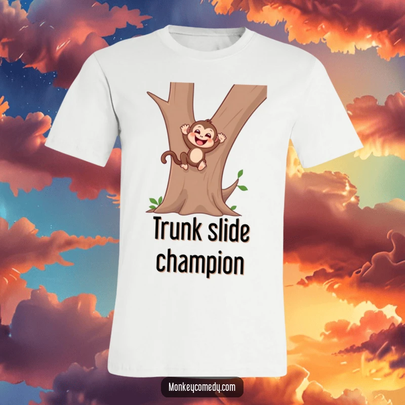 Funny monkey t-shirt depicting a gleeful monkey sliding down a smooth tree trunk with speed, radiating pure joy and fun.