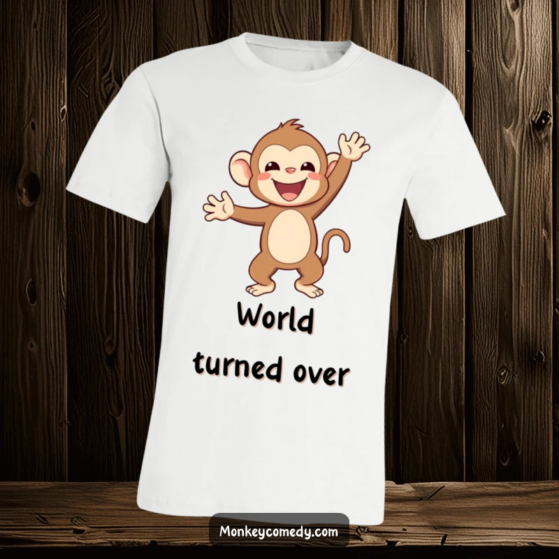 Funny Kawaii monkey in a joyful handstand pose on a t-shirt, cartoon graphic.