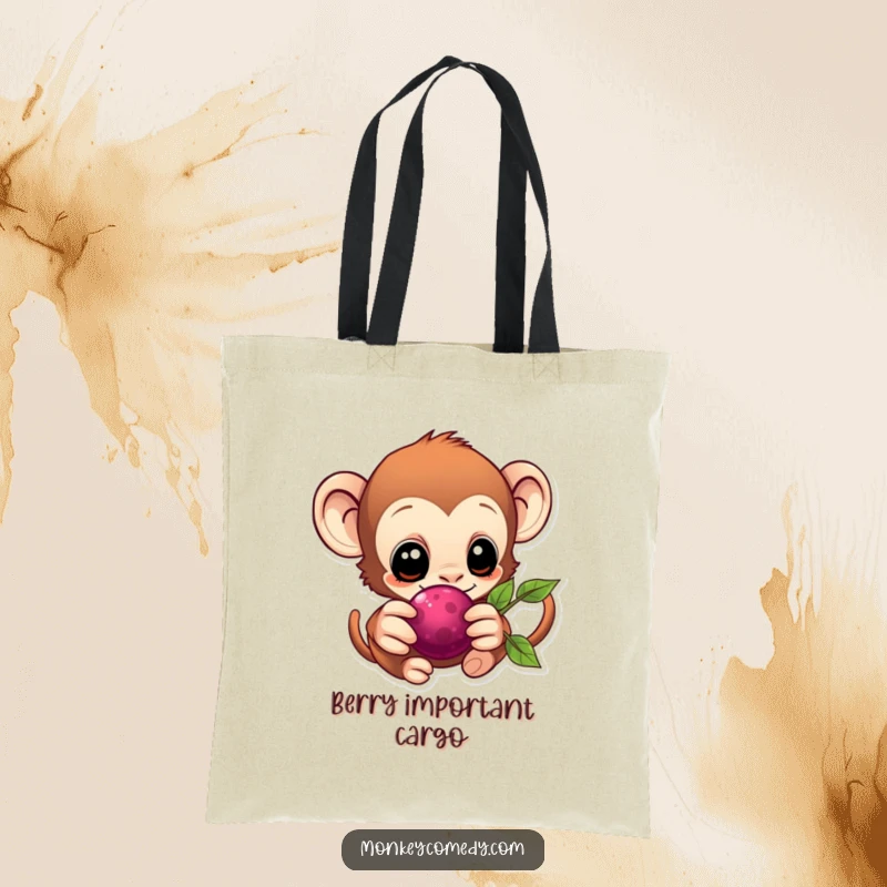 Charming Kawaii Monkey Tote Bag depicting a monkey reaching for a berry, ideal for shopping.