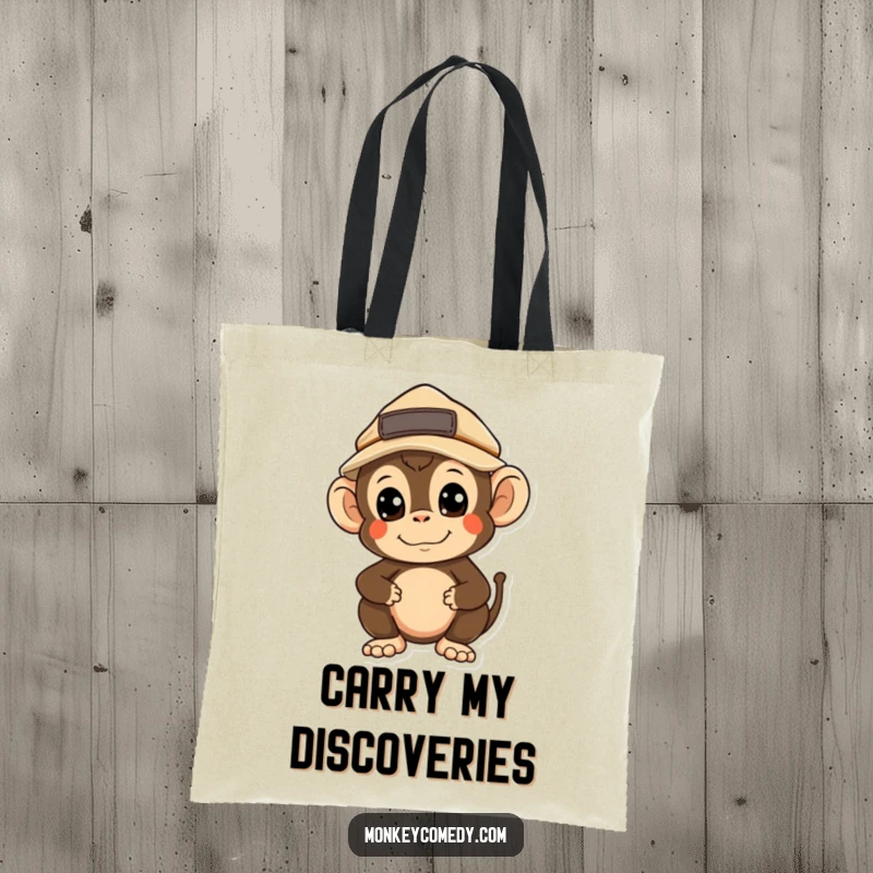 Funny Kawaii Monkey Explorer Tote Bag: A curious monkey in an explorer hat looks around, perfect for hauling treasures and adding humor.