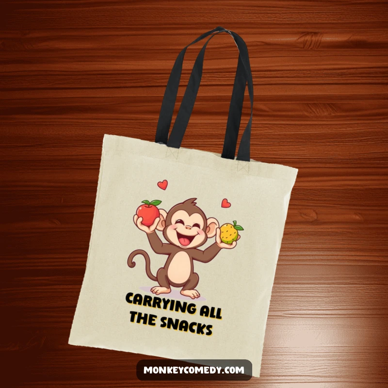Funny Tote Bag: A giggling monkey juggles colorful fruits with hands and feet, ready to carry your items.