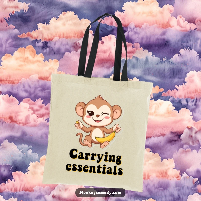 Funny Kawaii Monkey Juggling Tote Bag: A practical tote featuring a cute monkey juggling bananas with a mischievous wink.