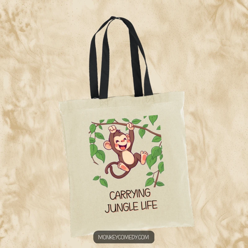 Funny monkey tote bag showing an enthusiastic monkey swinging dynamically from a vine, perfect for carrying everyday items with flair.