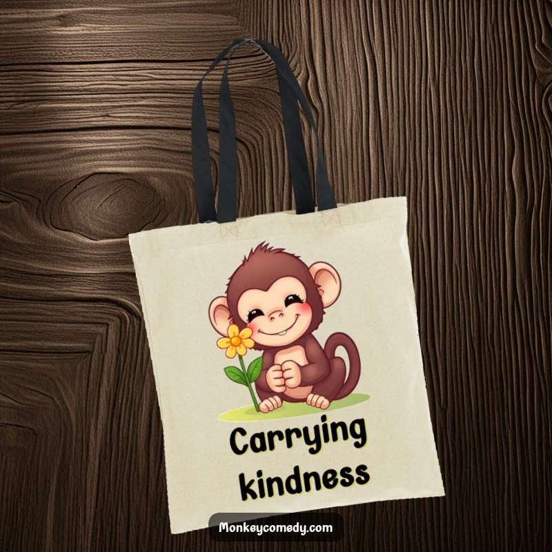 Funny Monkey Flower Tote Bag: Humorous bag with a smiling monkey offering a tiny flower, perfect for carrying kindness and daily items.