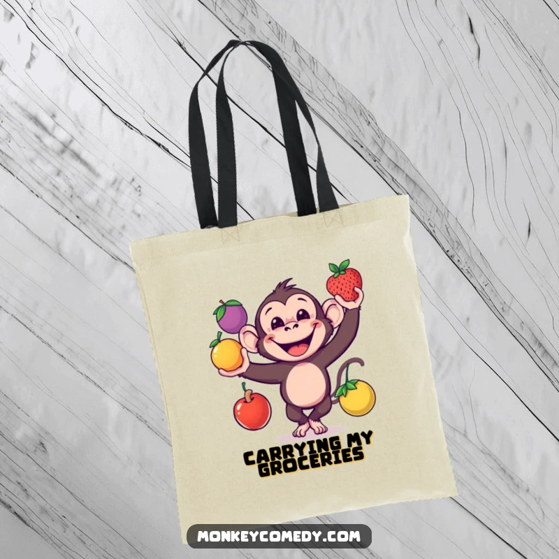 Funny monkey juggling three colorful fruits on a durable tote bag, ready for gifting.