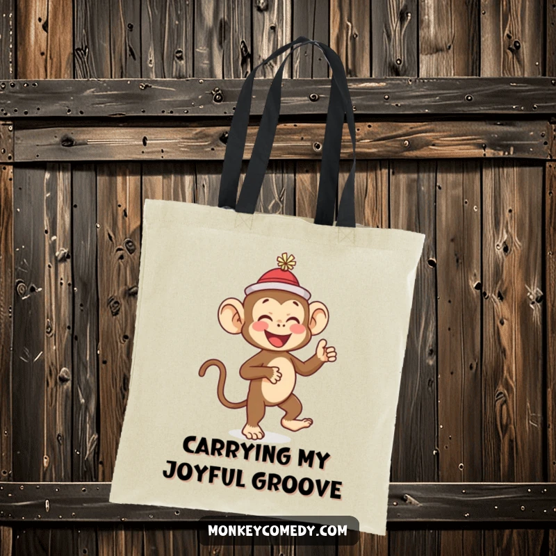 Funny monkey wearing a tiny hat, dancing with glee and giggling, making this tote bag a humorous accessory for a funny gift.