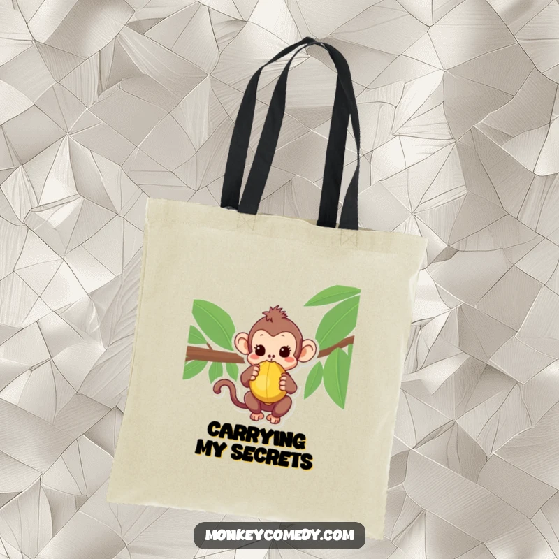 Charming Kawaii Monkey Tote Bag featuring a curious monkey interacting with a coconut, perfect for shopping.
