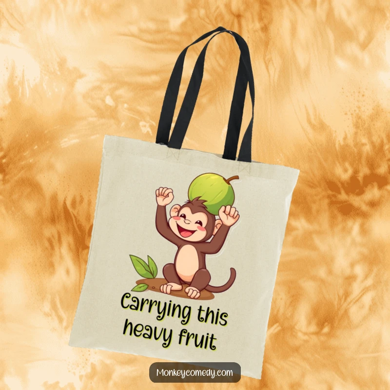 Funny Tote Bag: A monkey grins while balancing a coconut on its head, a hilarious depiction of impressive, playful skill.
