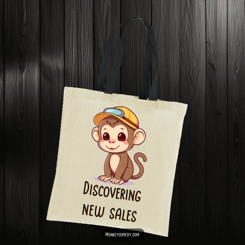 Funny kawaii monkey tote bag, explorer hat, looking around with wonder, durable and cute adventure accessory.