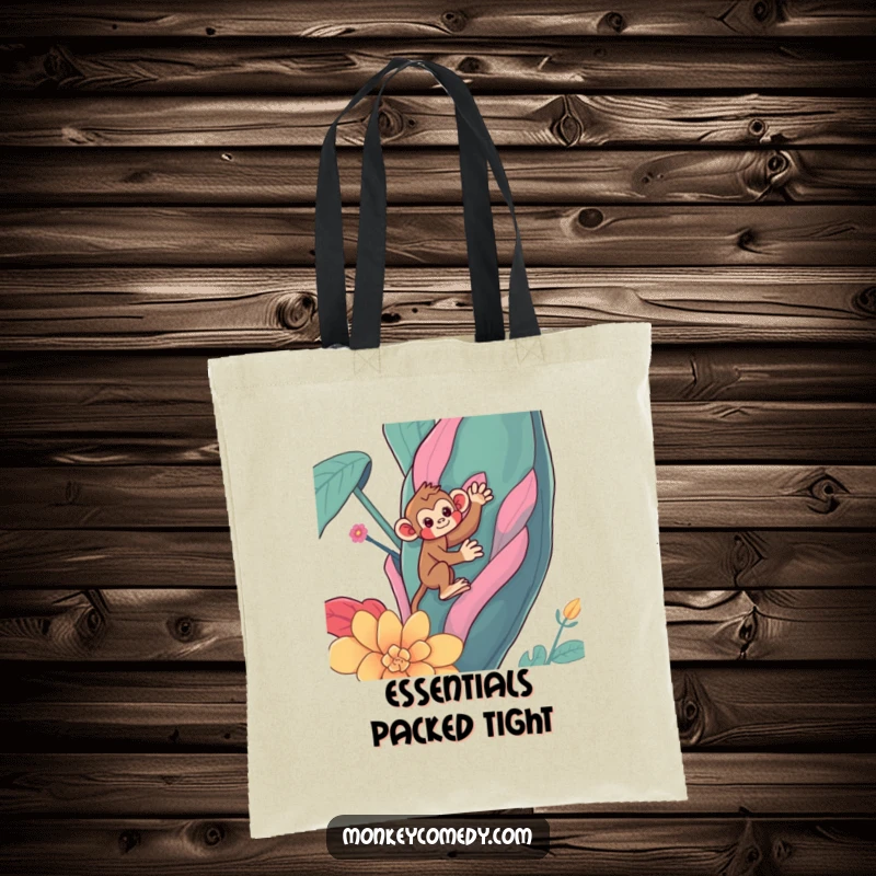 Funny Kawaii monkey tote bag, a cute primate humorously scaling a huge, vibrant plant, ideal funny gift.