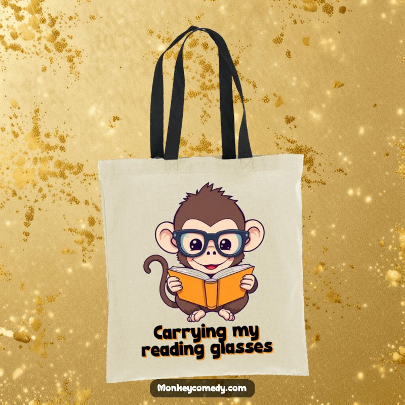 Funny Monkey Tote Bag: A humorous monkey with oversized glasses reads a tiny book, perfect for carrying essentials smartly.