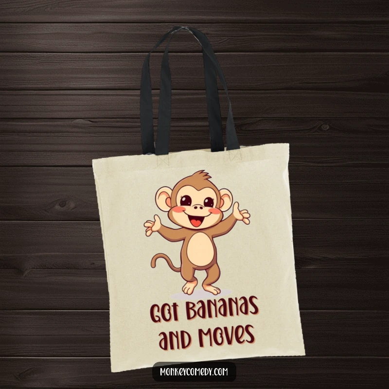 Funny Kawaii Monkey Tote Bag: A cute monkey dancing energetically, its tail a blur of motion, perfect for carrying laughter.