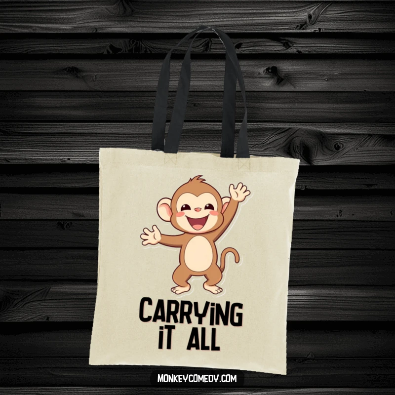 Funny Kawaii monkey performing a handstand on a durable tote bag, whimsical accessory.