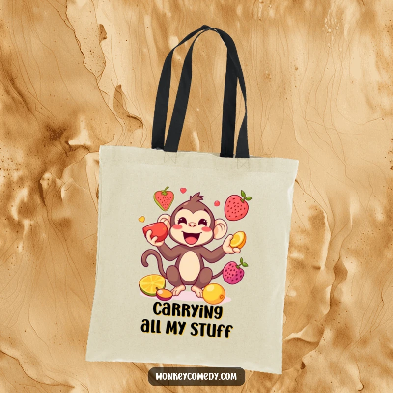 Funny Kawaii Monkey Juggling Tote Bag: A playful monkey juggles fruits, making this bag a vibrant and humorous companion for errands.